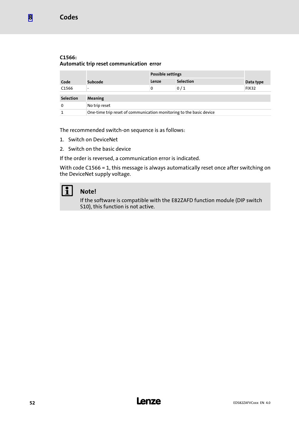 Codes 8 | Lenze E82ZAFVC010 User Manual | Page 52 / 70