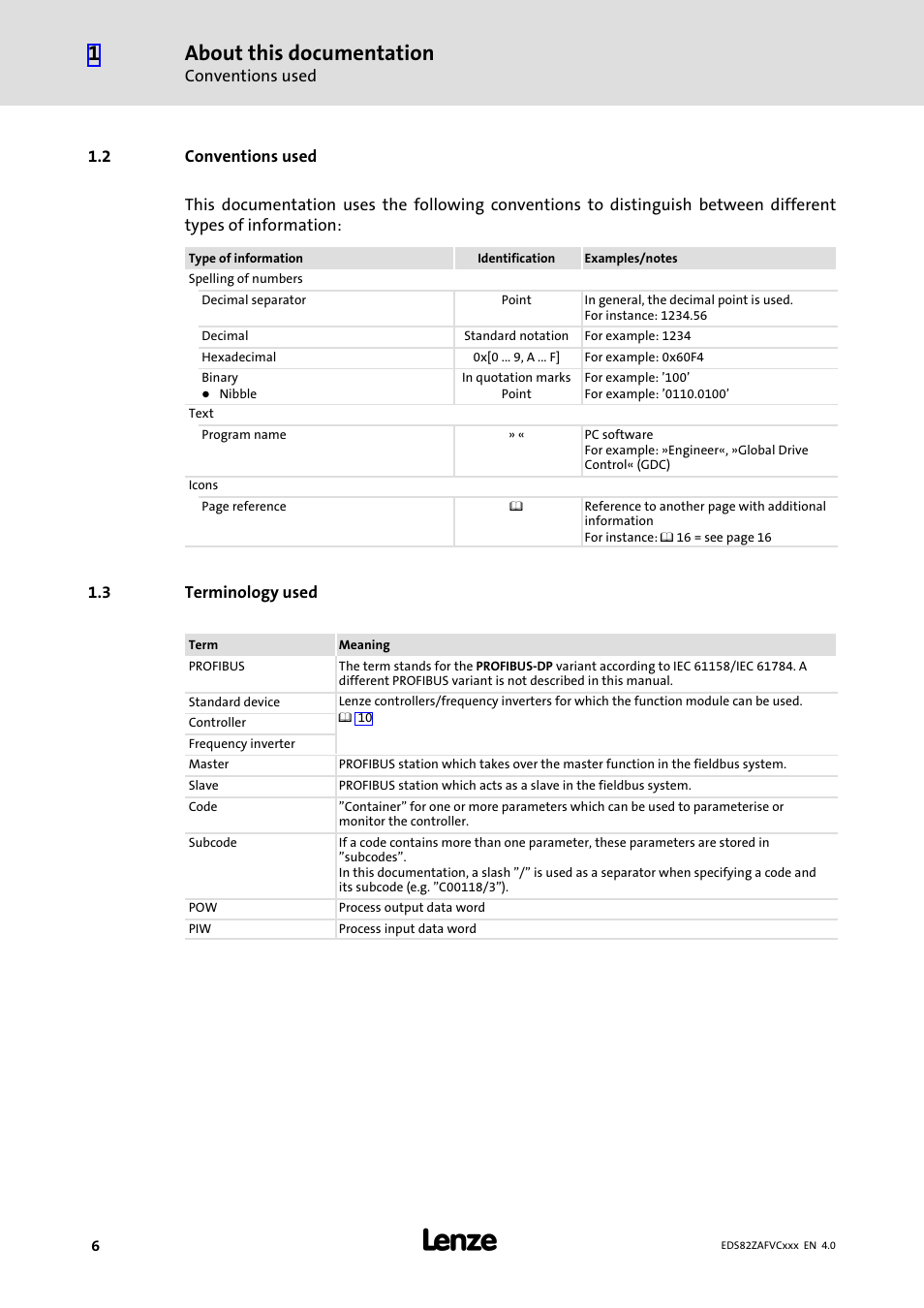 2 conventions used, 3 terminology used, Conventions used | Terminology used, About this documentation | Lenze E82ZAFVC010 User Manual | Page 6 / 70