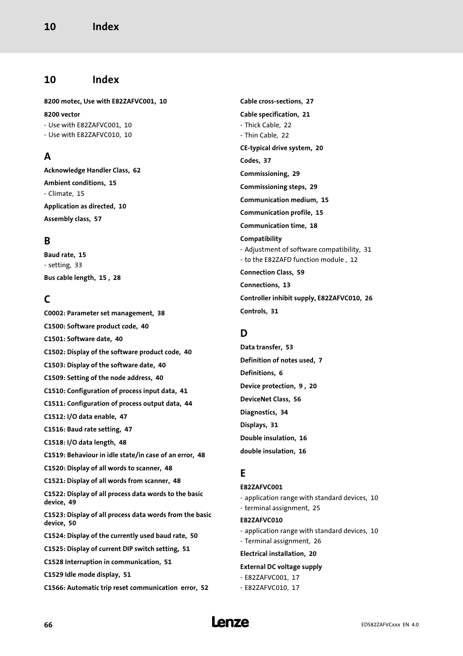 10 index, Index, Index 10 | Lenze E82ZAFVC010 User Manual | Page 66 / 70