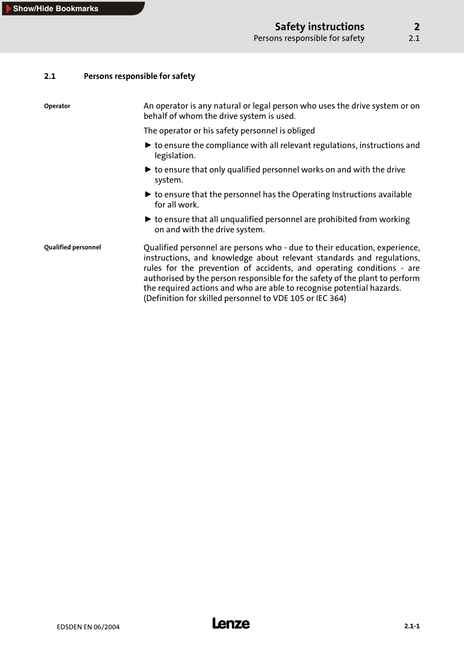1 persons responsible for safety, Safety instructions | Lenze EMF2179IB User Manual | Page 16 / 85