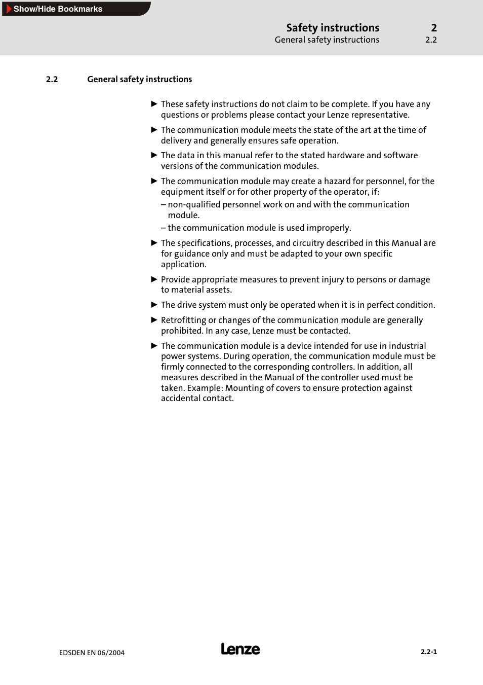 2 general safety instructions, Safety instructions | Lenze EMF2179IB User Manual | Page 18 / 85