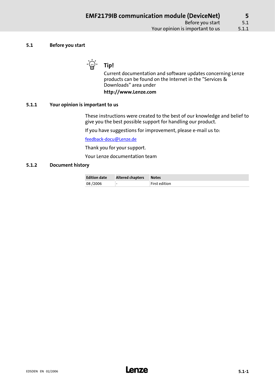 1 before you start, 1 your opinion is important to us, 2 document history | Before you start, Your opinion is important to us, Document history, Emf2179ib communication module (devicenet) | Lenze EMF2179IB User Manual | Page 26 / 85