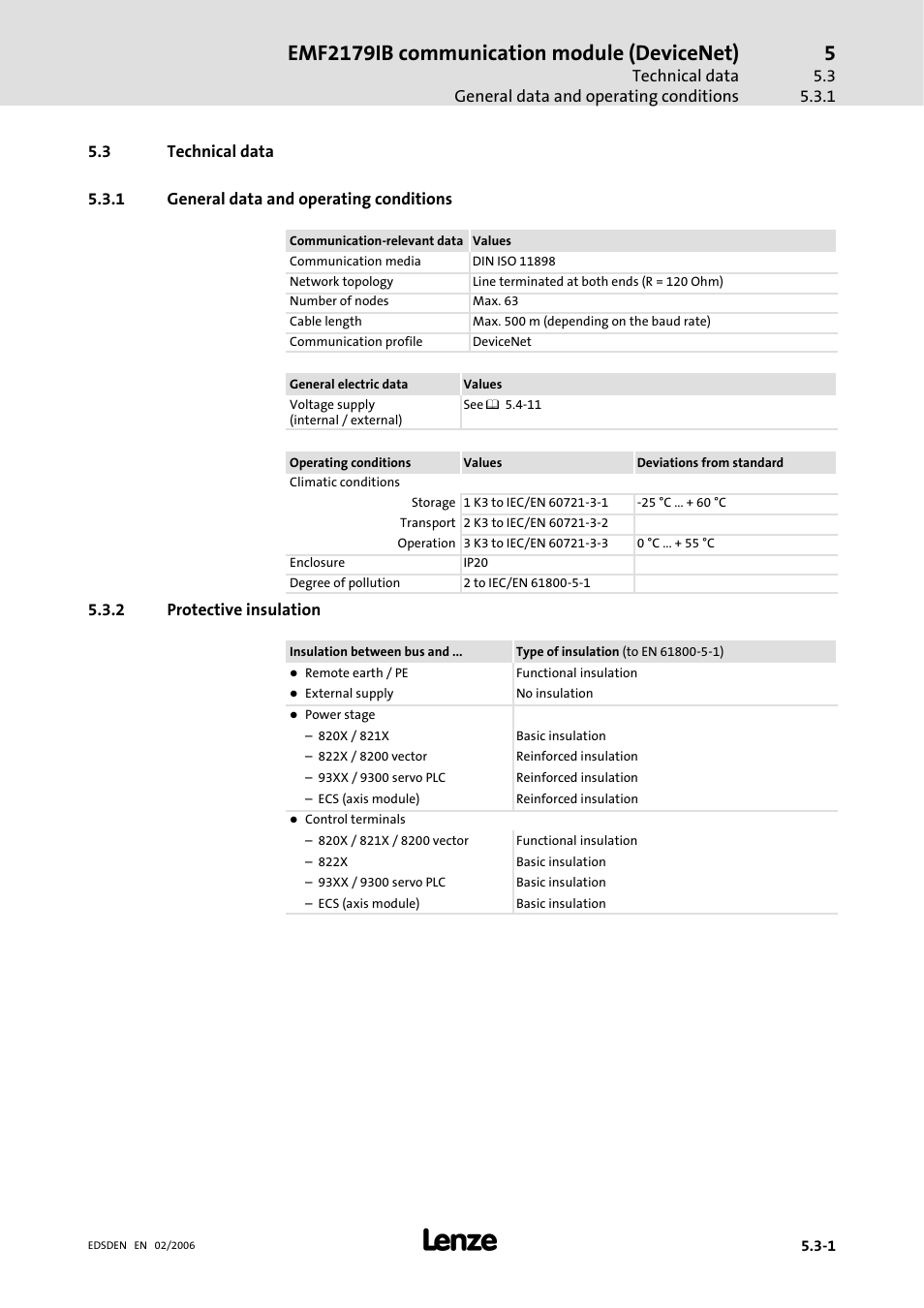 3 technical data, 1 general data and operating conditions, 2 protective insulation | Technical data, General data and operating conditions, Protective insulation, Emf2179ib communication module (devicenet) | Lenze EMF2179IB User Manual | Page 30 / 85