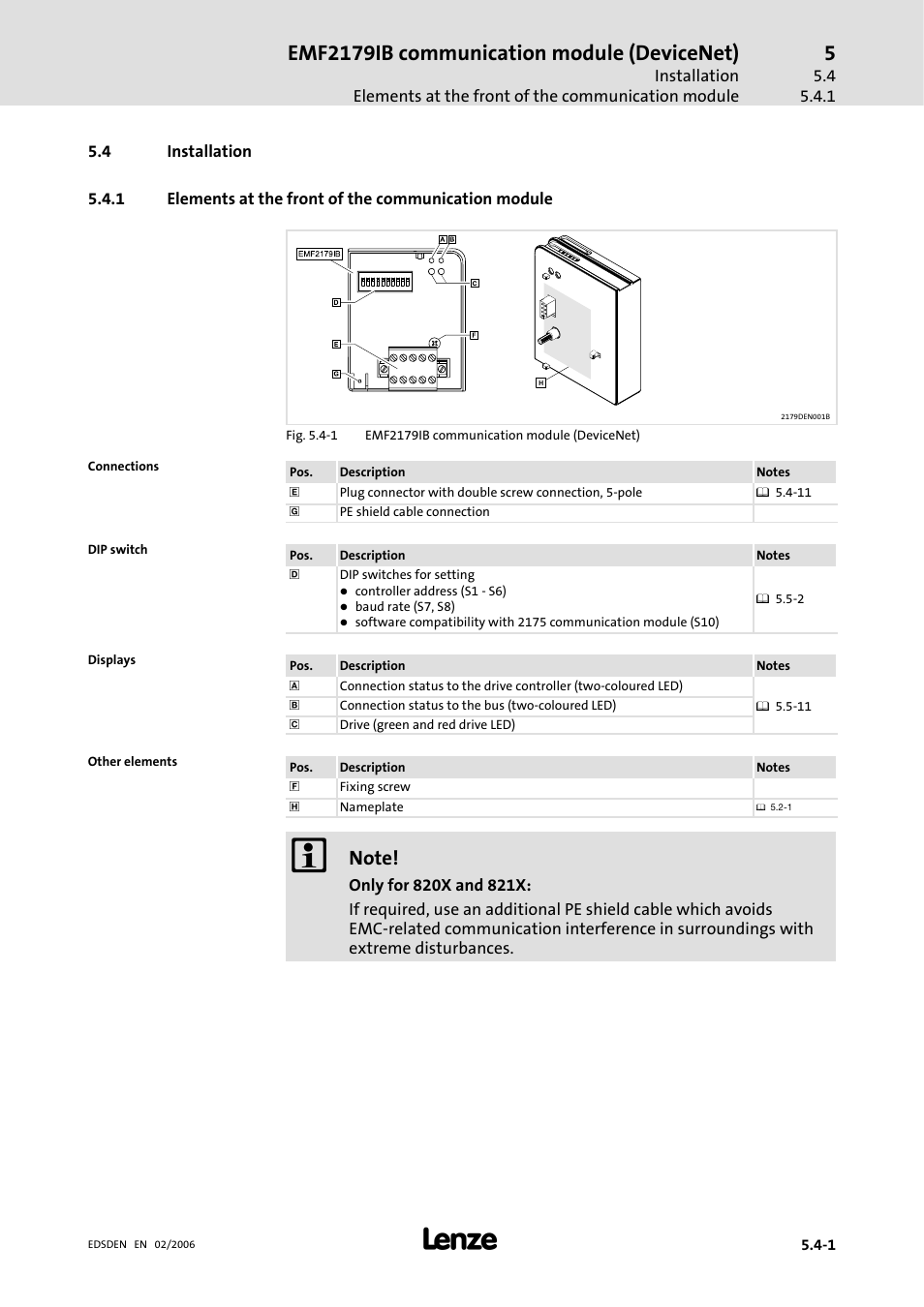 4 installation, Installation, Elements at the front of the communication module | Emf2179ib communication module (devicenet) | Lenze EMF2179IB User Manual | Page 36 / 85