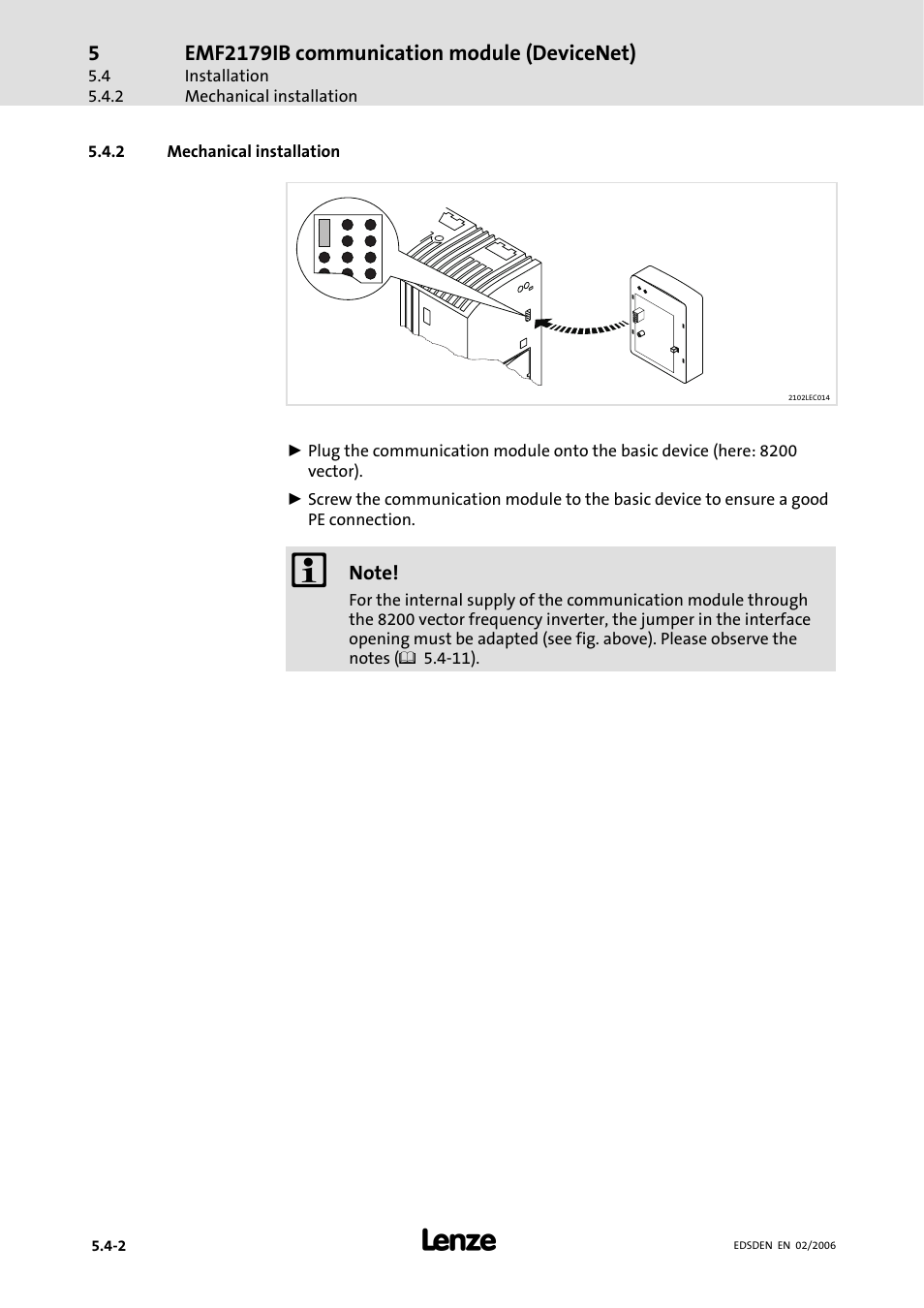 2 mechanical installation, Mechanical installation, Emf2179ib communication module (devicenet) | Lenze EMF2179IB User Manual | Page 37 / 85