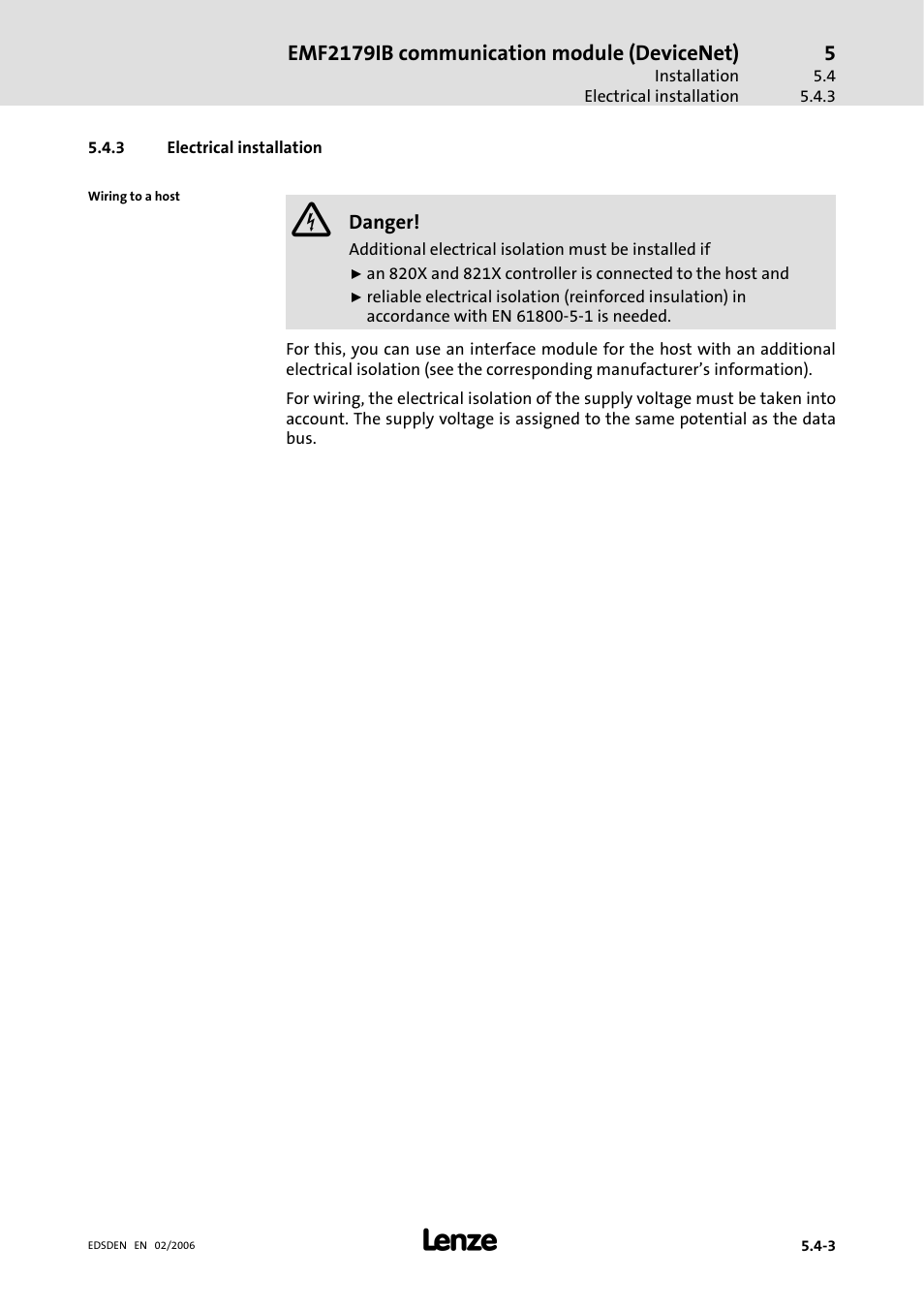 3 electrical installation, Electrical installation, Emf2179ib communication module (devicenet) | Lenze EMF2179IB User Manual | Page 38 / 85