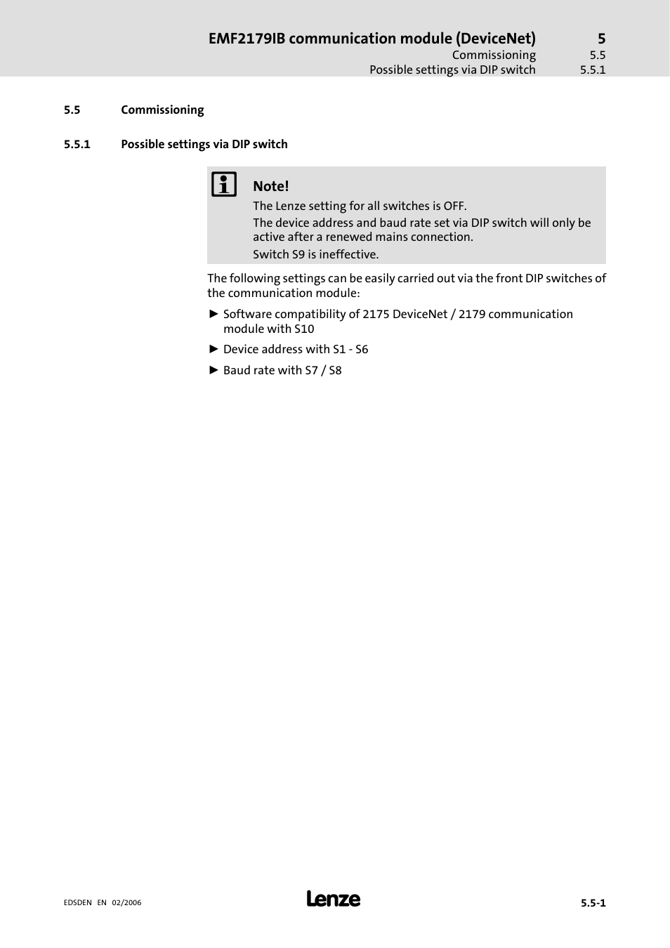 5 commissioning, 1 possible settings via dip switch, Commissioning | Possible settings via dip switch | Lenze EMF2179IB User Manual | Page 48 / 85
