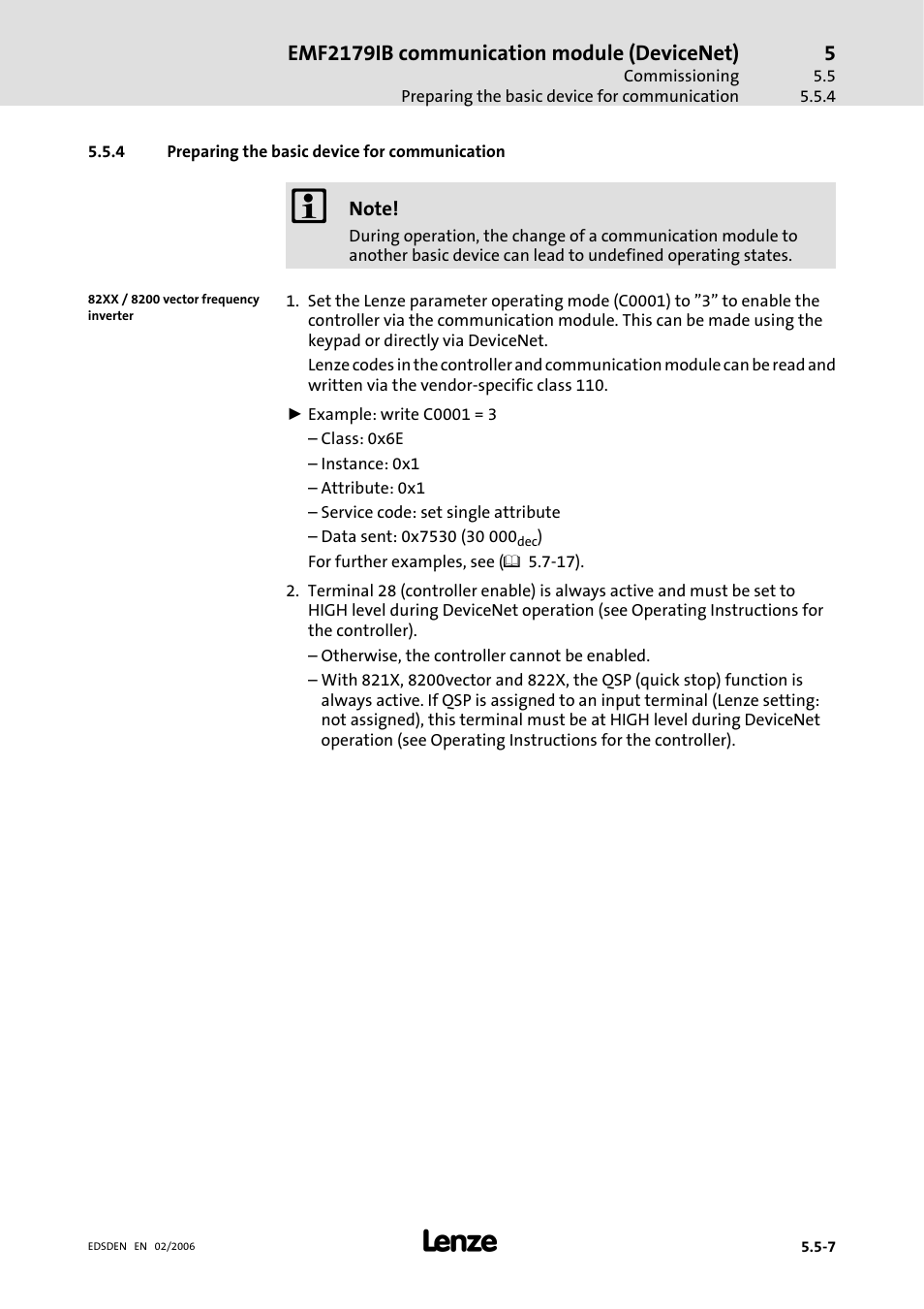 4 preparing the basic device for communication, Preparing the basic device for communication, Emf2179ib communication module (devicenet) | Lenze EMF2179IB User Manual | Page 54 / 85