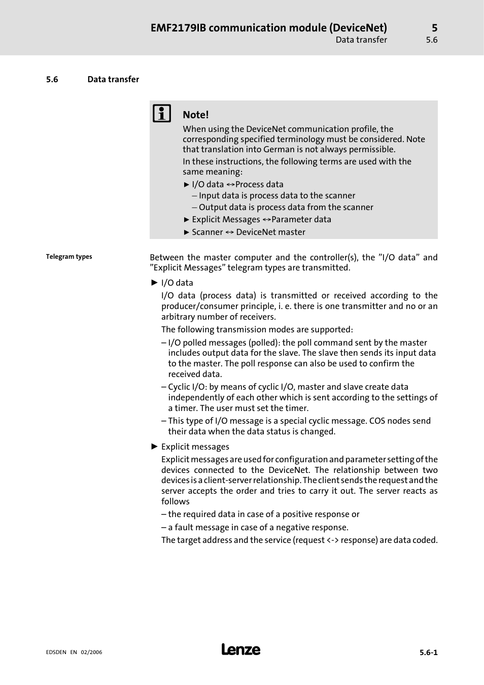 6 data transfer, Data transfer, Emf2179ib communication module (devicenet) | Lenze EMF2179IB User Manual | Page 60 / 85