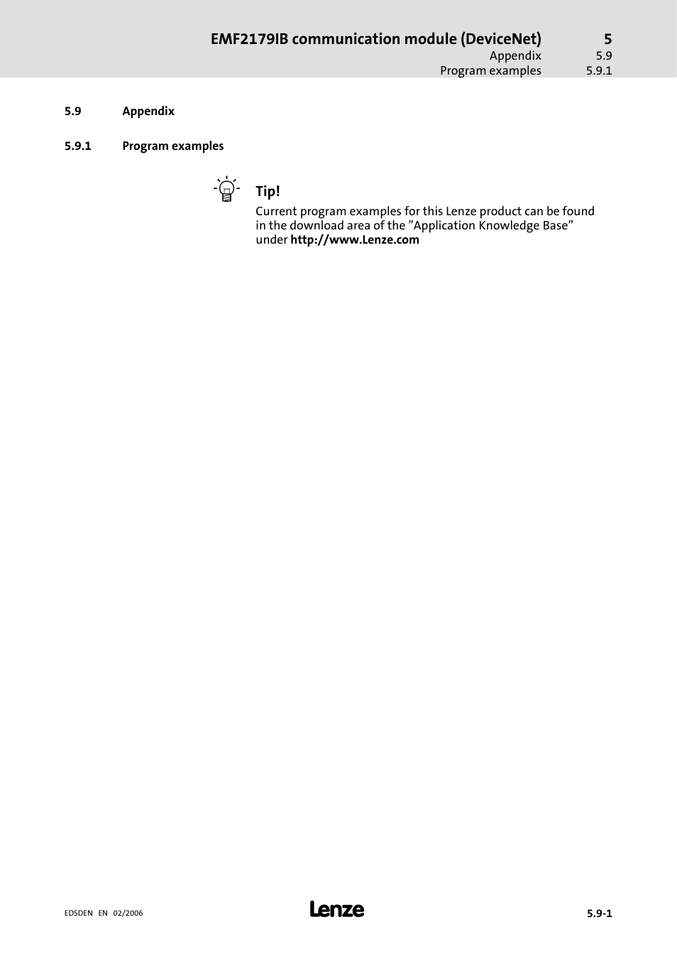 9 appendix, 1 program examples, Appendix | Program examples | Lenze EMF2179IB User Manual | Page 82 / 85