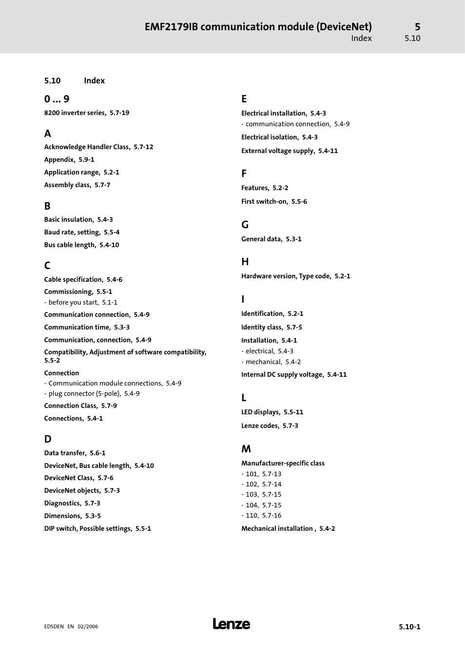 10 index, Emf2179ib communication module (devicenet) | Lenze EMF2179IB User Manual | Page 84 / 85