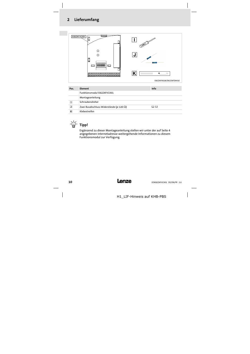 2 lieferumfang, Lieferumfang, 2lieferumfang | Lenze E82ZAFVC001_ User Manual | Page 10 / 88