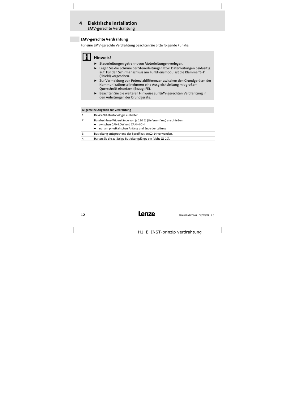 4 elektrische installation, Emv-gerechte verdrahtung, Elektrische installation | Emv−gerechte verdrahtung, 4elektrische installation | Lenze E82ZAFVC001_ User Manual | Page 12 / 88