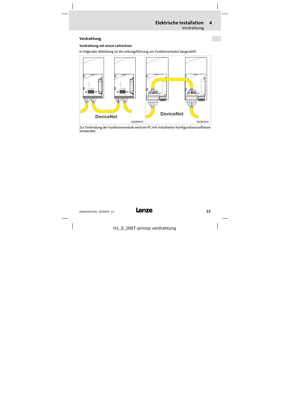 Verdrahtung, Elektrische installation, Devicenet | H1_e_inst−prinzip verdrahtung | Lenze E82ZAFVC001_ User Manual | Page 13 / 88