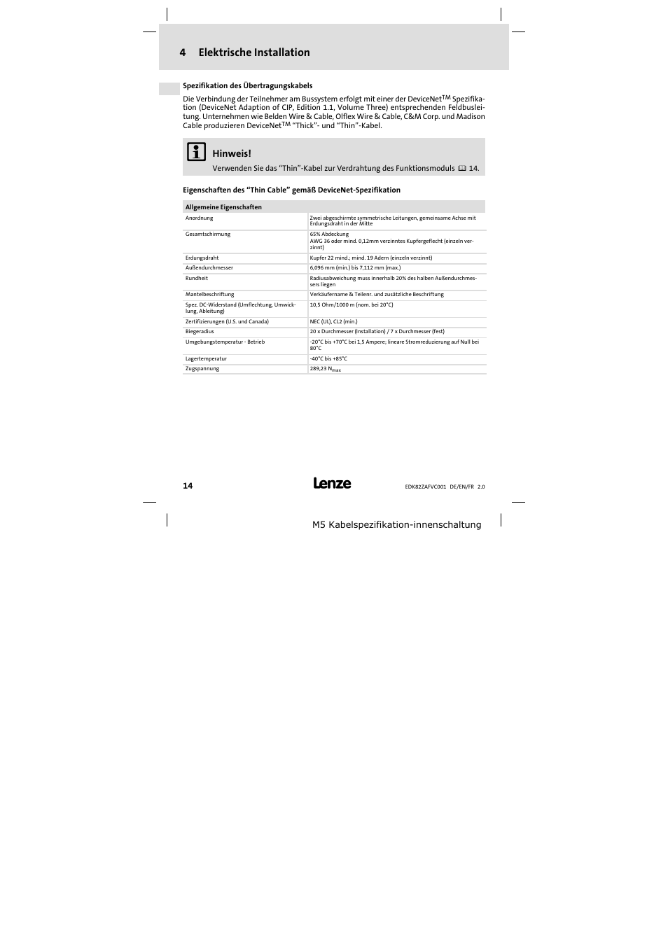 4elektrische installation, Hinweis | Lenze E82ZAFVC001_ User Manual | Page 14 / 88