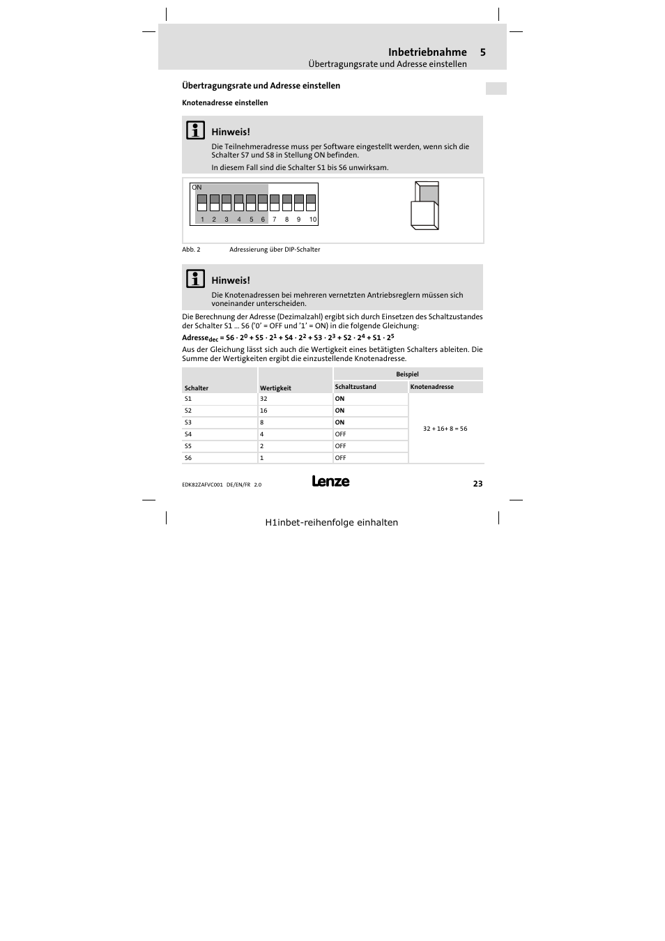Übertragungsrate und adresse einstellen, Inbetriebnahme | Lenze E82ZAFVC001_ User Manual | Page 23 / 88