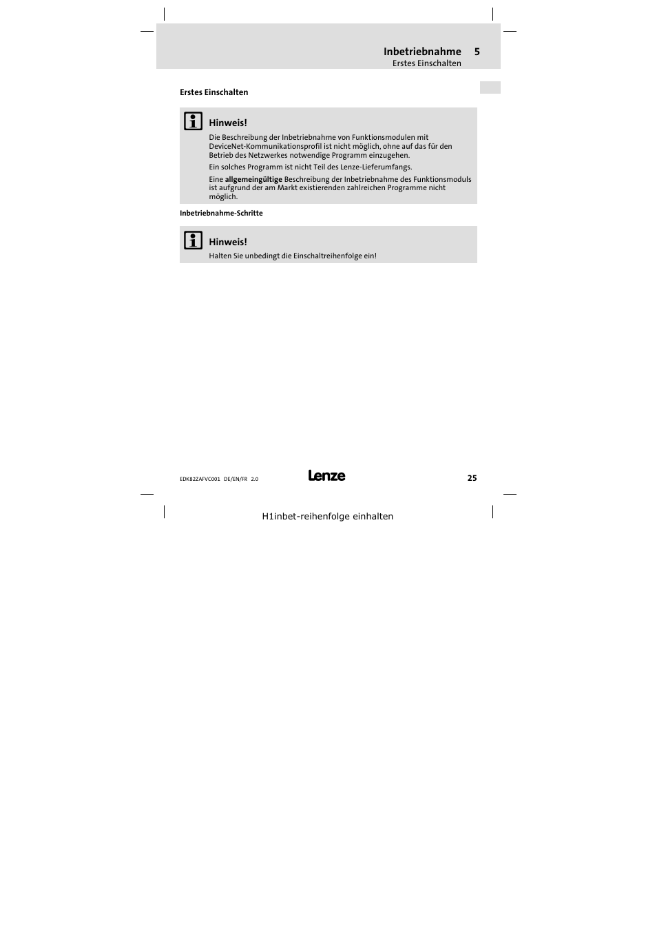 Erstes einschalten | Lenze E82ZAFVC001_ User Manual | Page 25 / 88