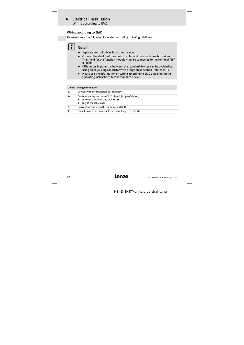 4 electrical installation, Wiring according to emc, Electrical installation | 4electrical installation | Lenze E82ZAFVC001_ User Manual | Page 40 / 88