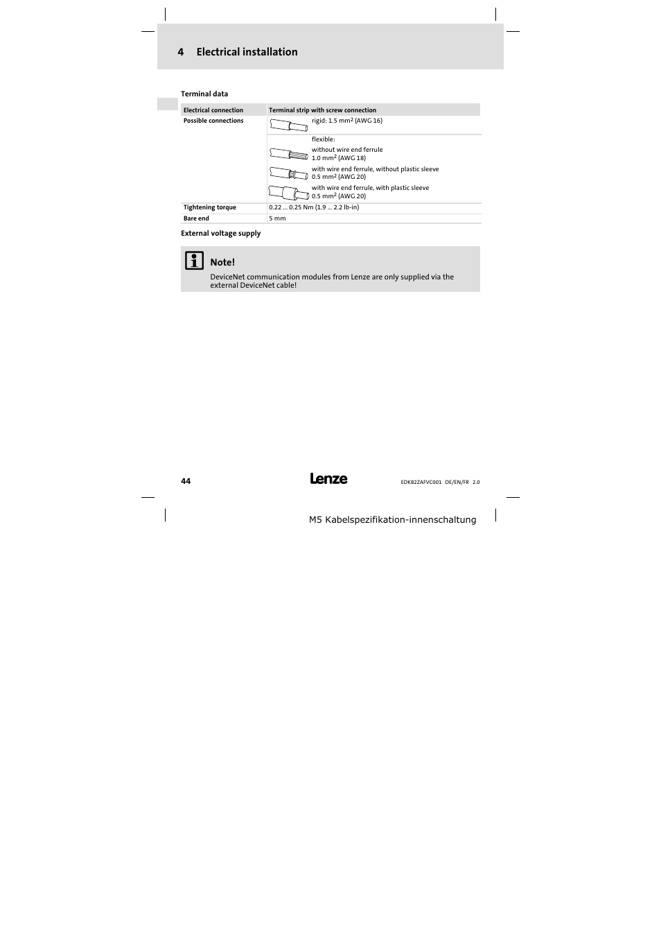 4electrical installation | Lenze E82ZAFVC001_ User Manual | Page 44 / 88