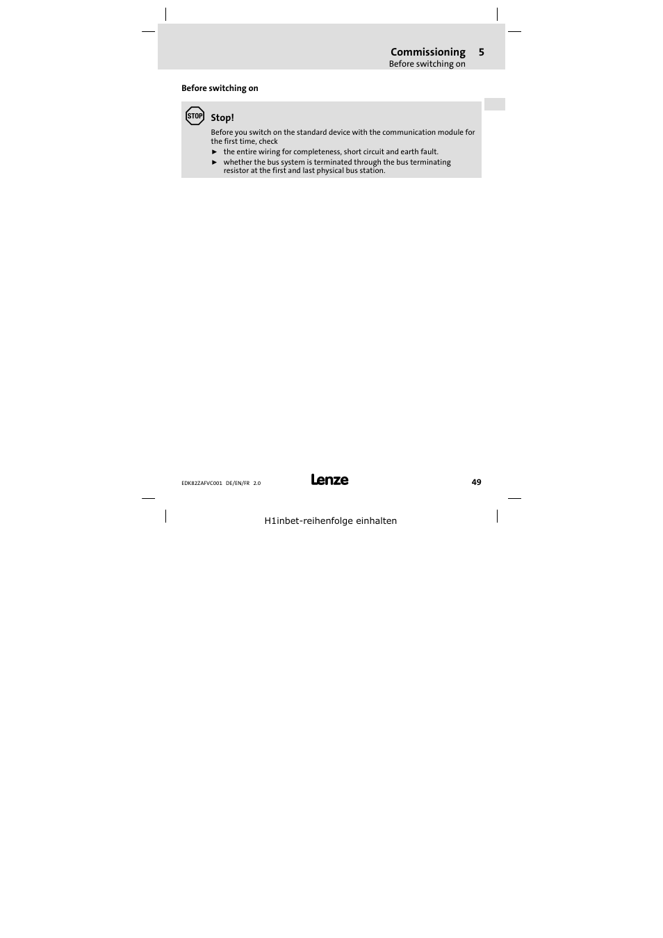 5 commissioning, Before switching on, Commissioning 49 | Commissioning | Lenze E82ZAFVC001_ User Manual | Page 49 / 88