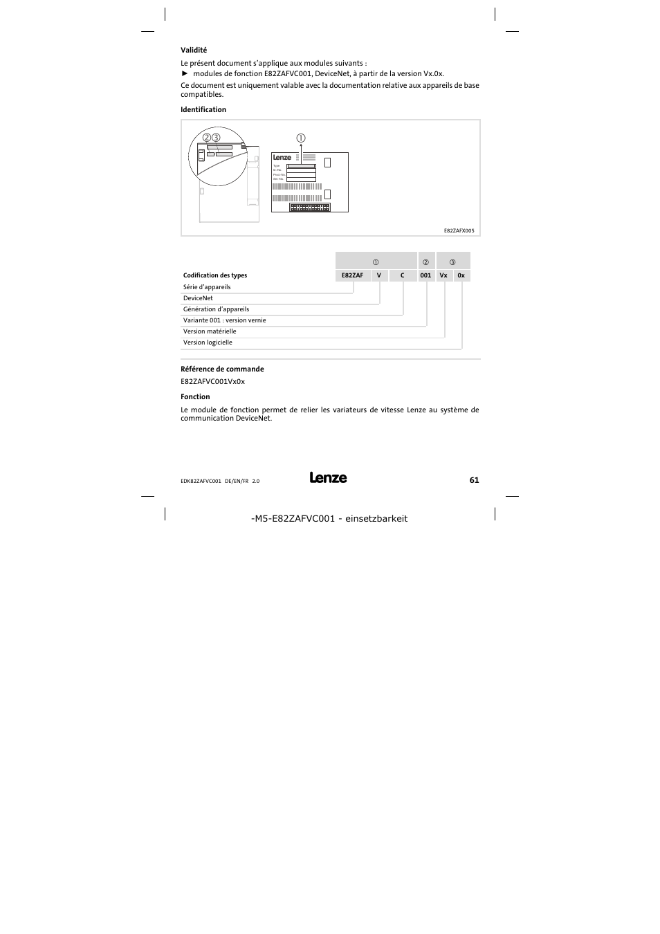 Validité | Lenze E82ZAFVC001_ User Manual | Page 61 / 88