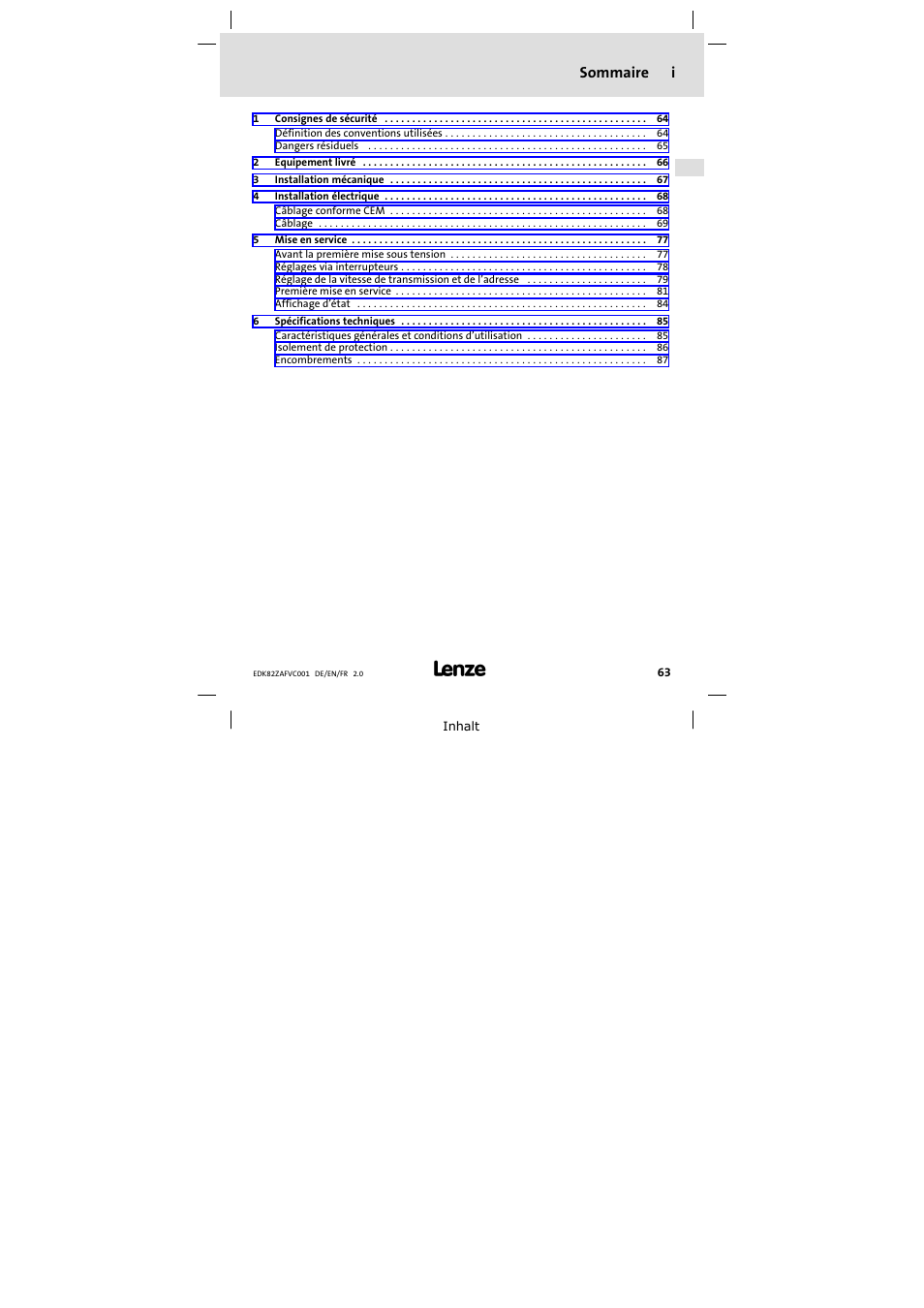 Sommaire, Sommaire i | Lenze E82ZAFVC001_ User Manual | Page 63 / 88