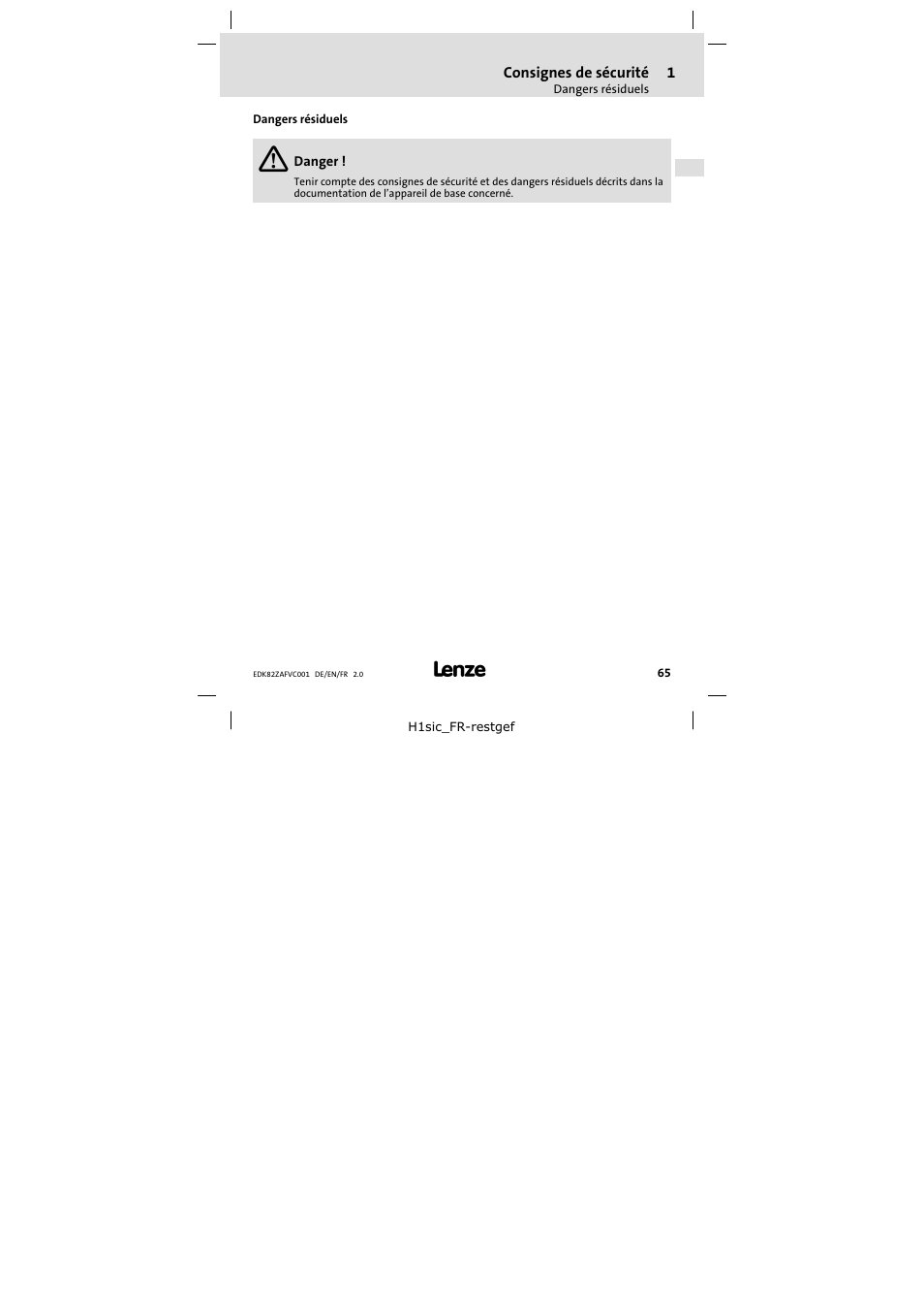 Dangers résiduels | Lenze E82ZAFVC001_ User Manual | Page 65 / 88