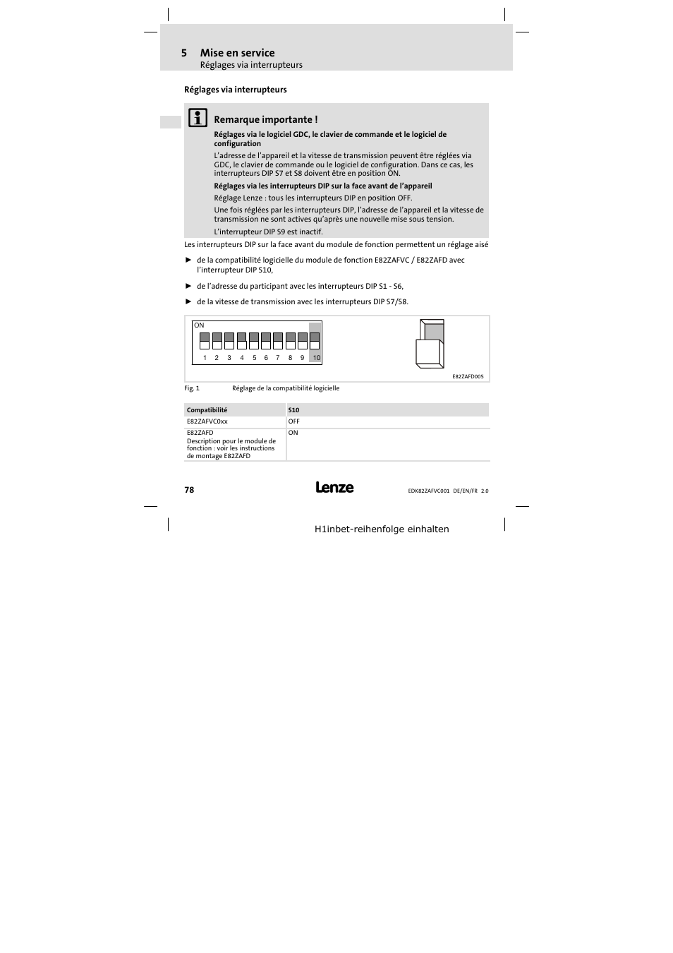 Réglages via interrupteurs, 5mise en service | Lenze E82ZAFVC001_ User Manual | Page 78 / 88