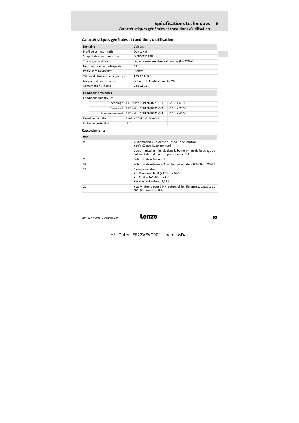 6 spécifications techniques, Spécifications techniques | Lenze E82ZAFVC001_ User Manual | Page 85 / 88