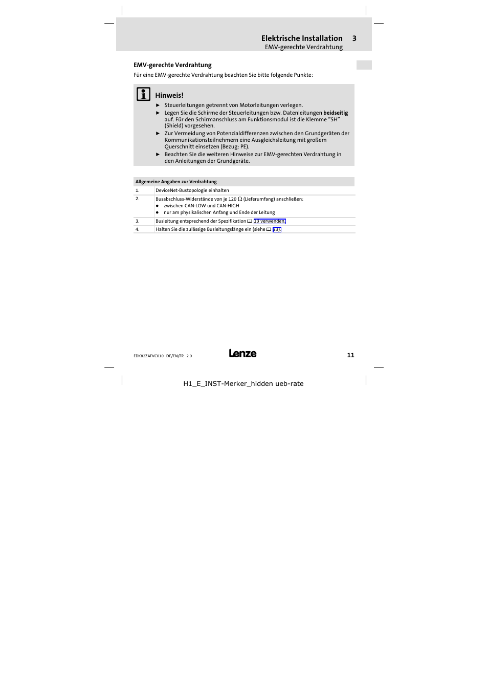 3 elektrische installation, Emv-gerechte verdrahtung, Elektrische installation | Emv−gerechte verdrahtung | Lenze E82ZAFVC010 User Manual | Page 11 / 100