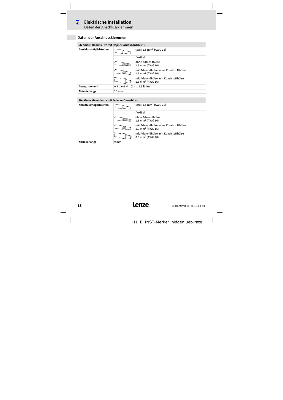 Daten der anschlussklemmen, 3elektrische installation | Lenze E82ZAFVC010 User Manual | Page 18 / 100