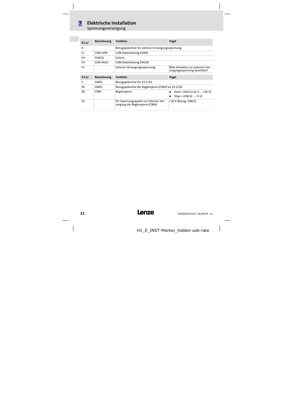 3elektrische installation | Lenze E82ZAFVC010 User Manual | Page 22 / 100