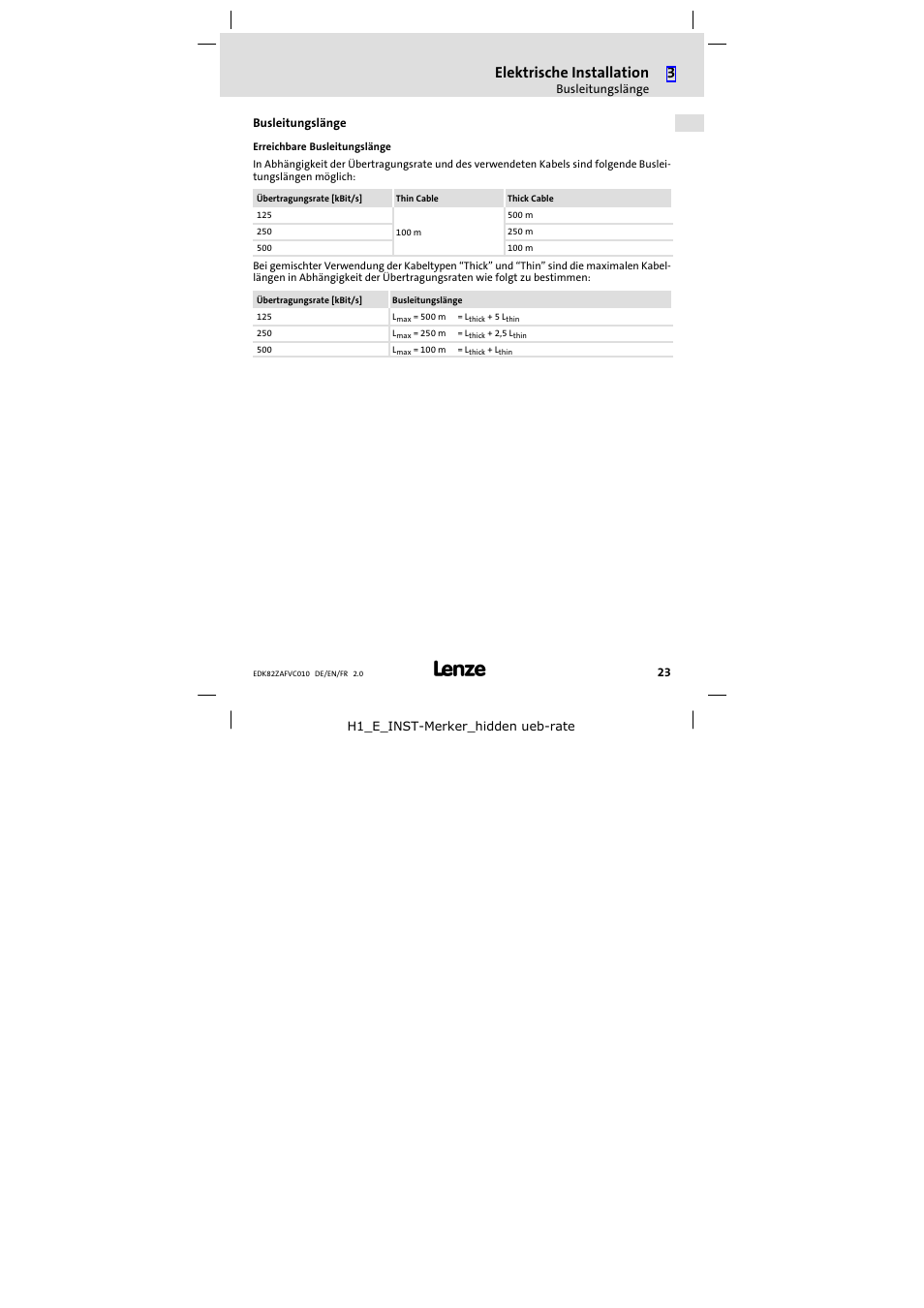 Busleitungslänge, Busleitungslänge 23, Elektrische installation | Lenze E82ZAFVC010 User Manual | Page 23 / 100