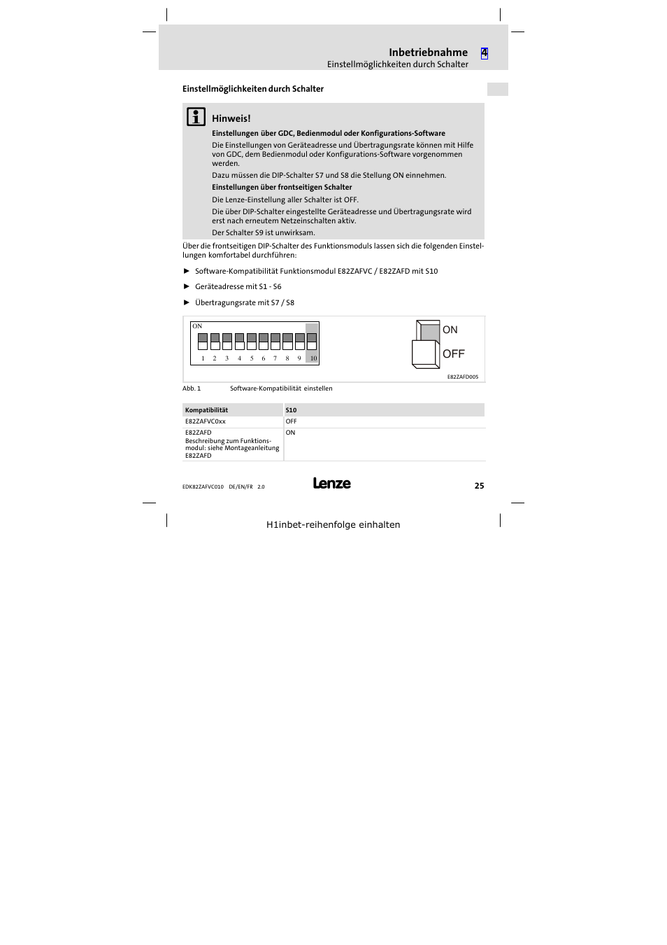 Einstellmöglichkeiten durch schalter, Inbetriebnahme | Lenze E82ZAFVC010 User Manual | Page 25 / 100