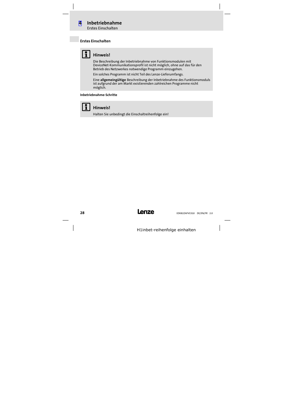 Erstes einschalten | Lenze E82ZAFVC010 User Manual | Page 28 / 100