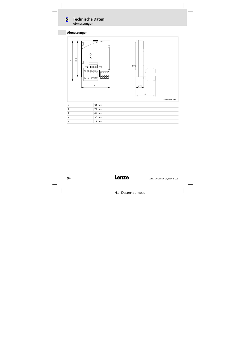 Abmessungen, 5technische daten | Lenze E82ZAFVC010 User Manual | Page 34 / 100