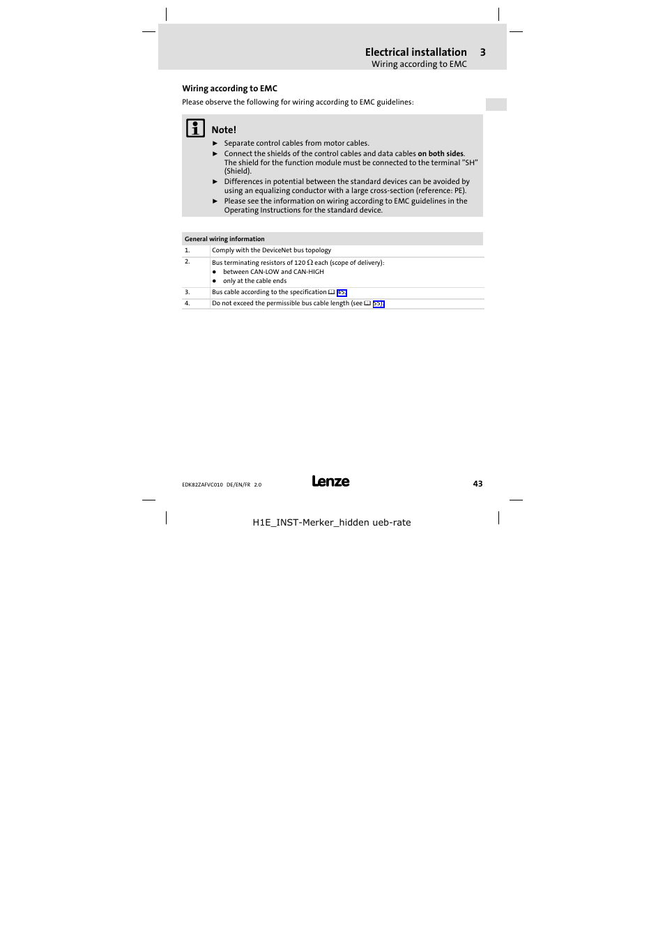 3 electrical installation, Wiring according to emc, Electrical installation | Lenze E82ZAFVC010 User Manual | Page 43 / 100