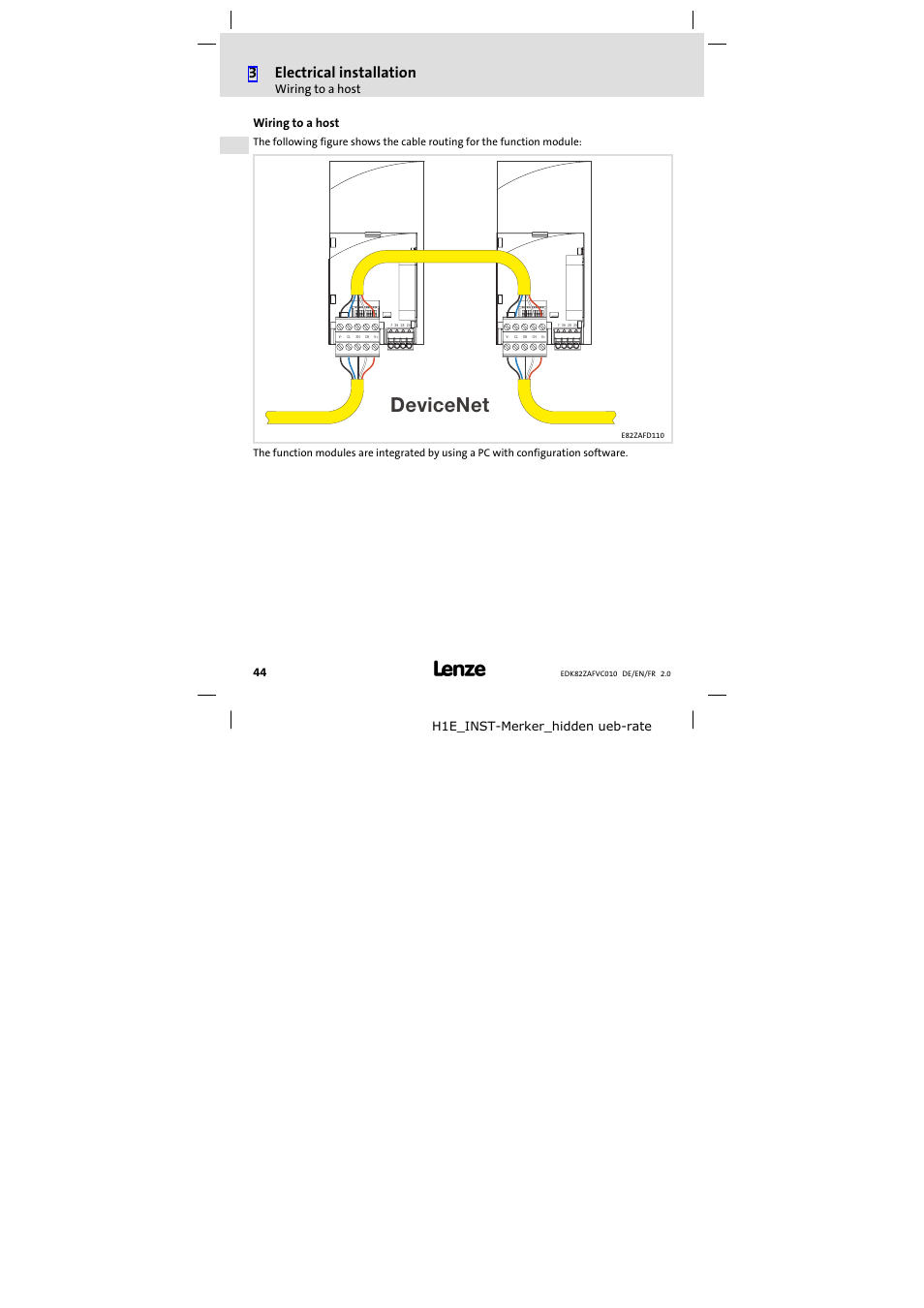 Wiring to a host, Devicenet, 3electrical installation | H1e_inst−merker_hidden ueb−rate | Lenze E82ZAFVC010 User Manual | Page 44 / 100