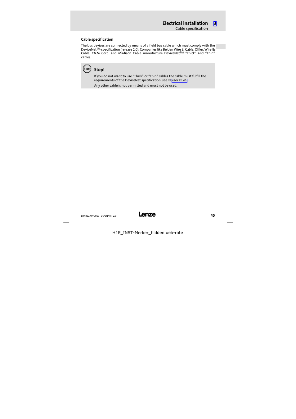 Cable specification, Electrical installation | Lenze E82ZAFVC010 User Manual | Page 45 / 100