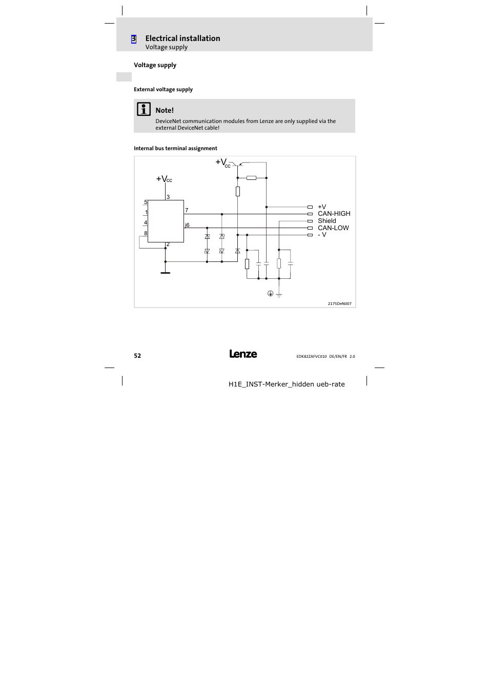 Voltage supply | Lenze E82ZAFVC010 User Manual | Page 52 / 100