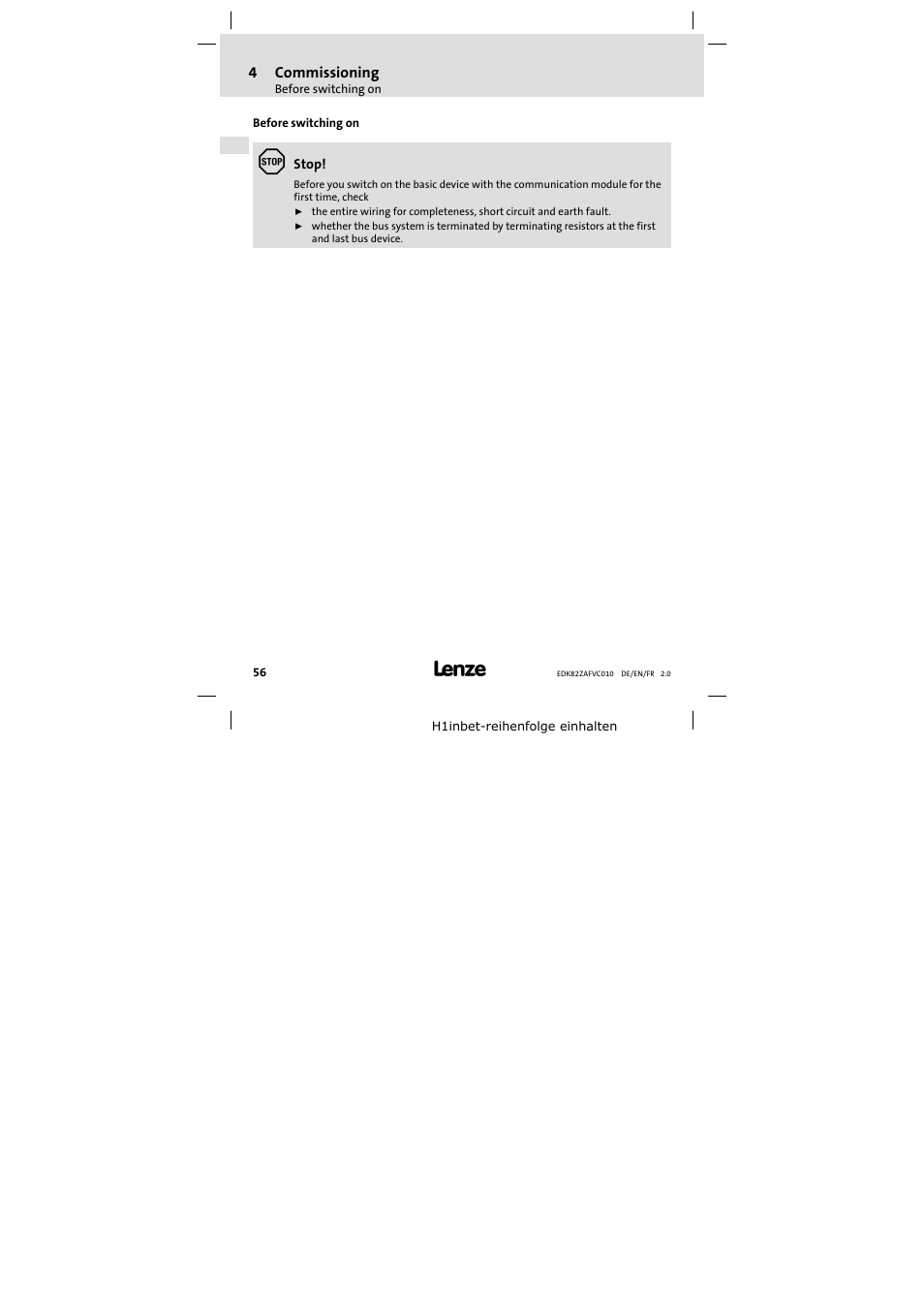 4 commissioning, Before switching on, Commissioning 56 | Lenze E82ZAFVC010 User Manual | Page 56 / 100