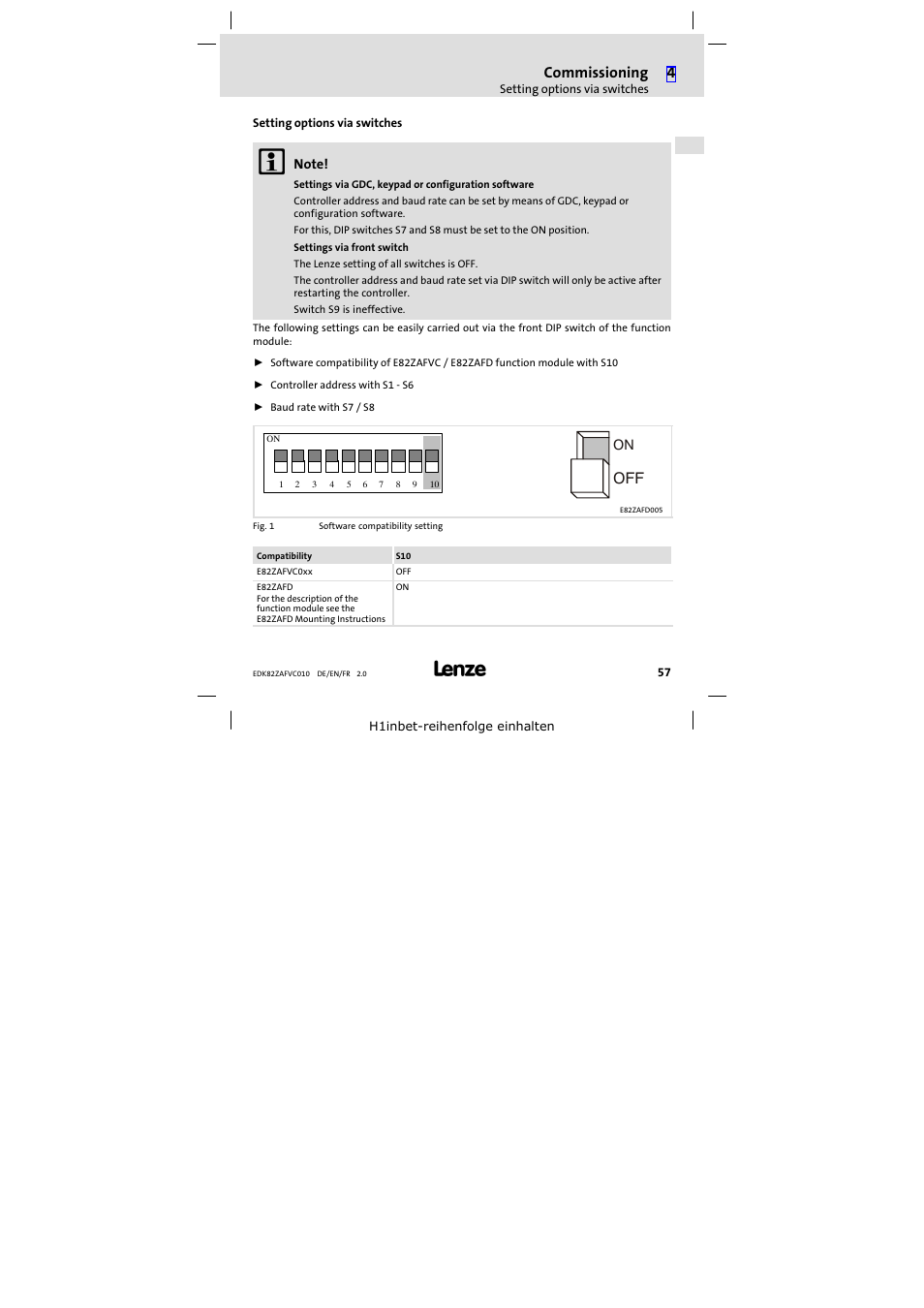 Setting options via switches, Commissioning | Lenze E82ZAFVC010 User Manual | Page 57 / 100