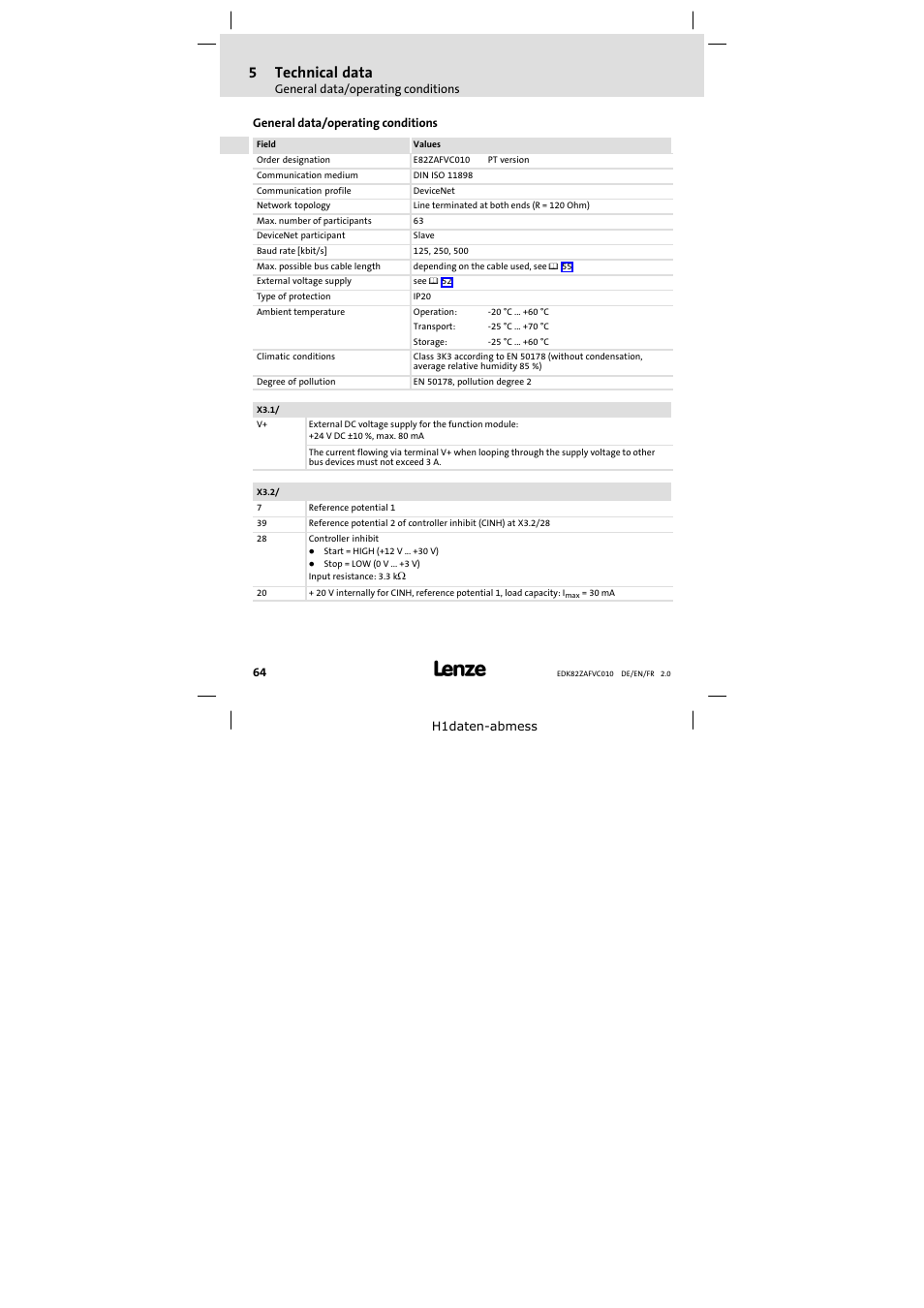 5 technical data, General data/operating conditions, Technical data 64 | 5technical data | Lenze E82ZAFVC010 User Manual | Page 64 / 100