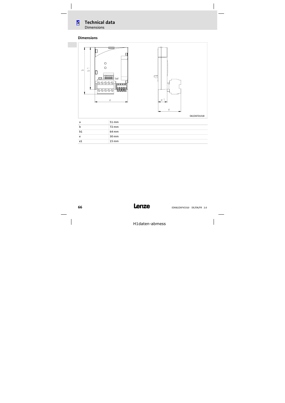 Dimensions, 5technical data | Lenze E82ZAFVC010 User Manual | Page 66 / 100