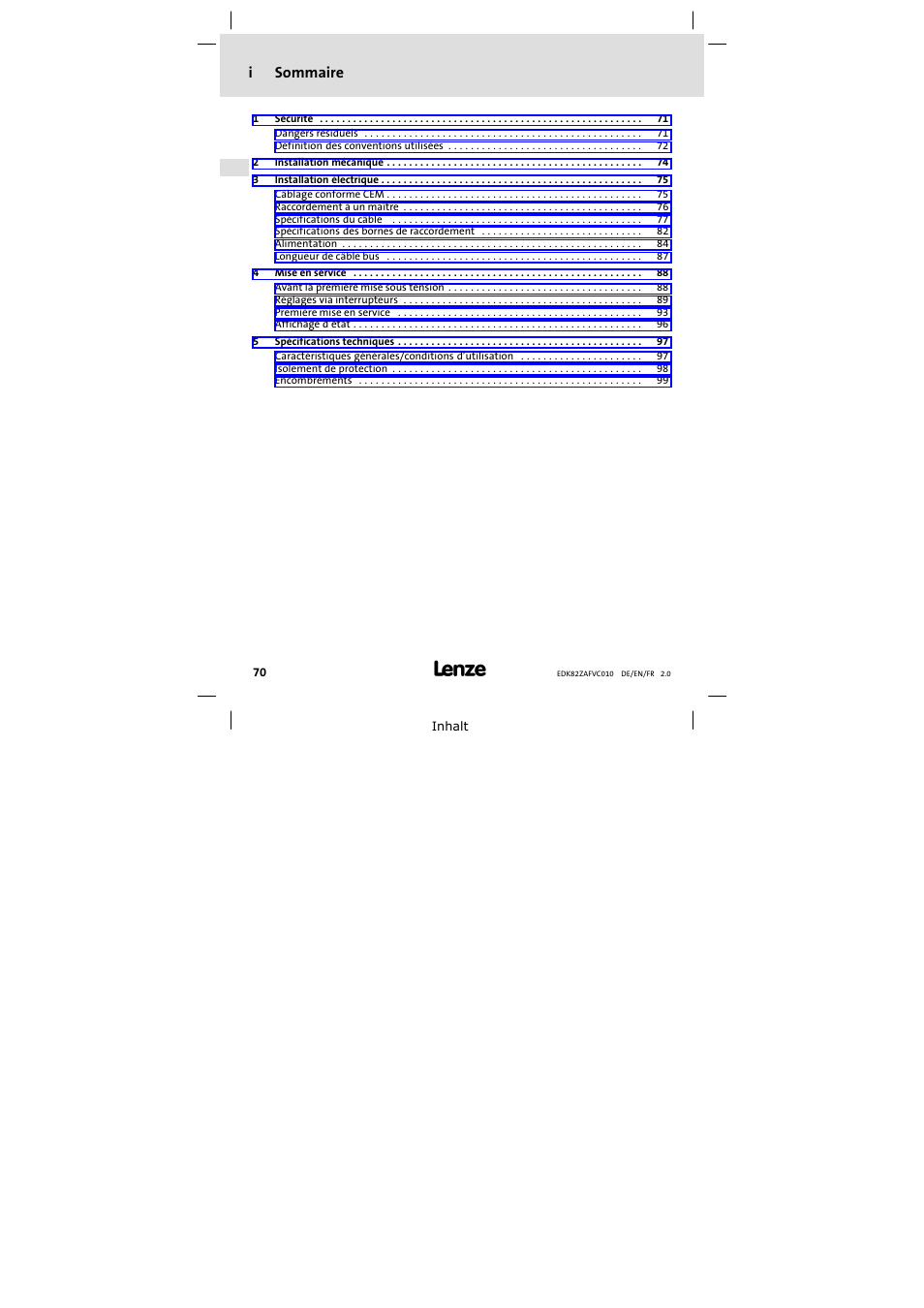 Sommaire, Isommaire | Lenze E82ZAFVC010 User Manual | Page 70 / 100