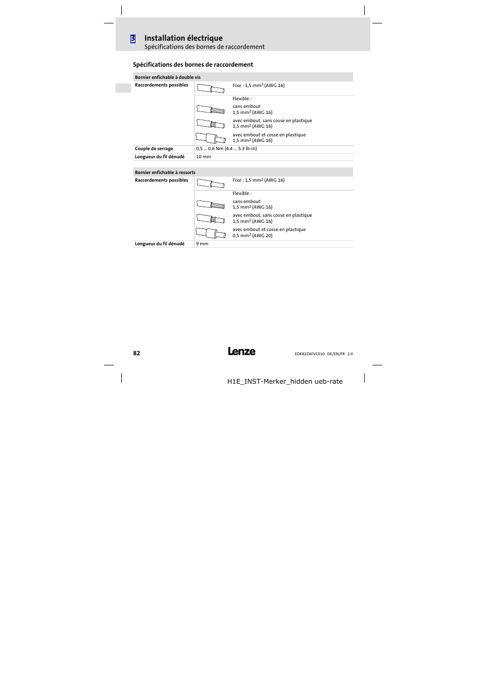 Spécifications des bornes de raccordement, 3installation électrique | Lenze E82ZAFVC010 User Manual | Page 82 / 100