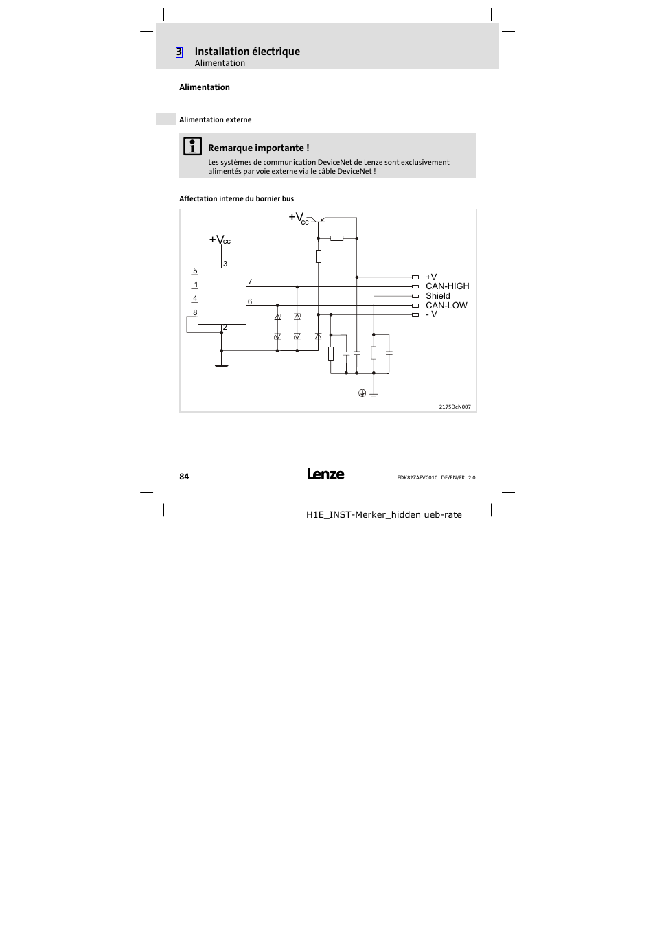 Alimentation | Lenze E82ZAFVC010 User Manual | Page 84 / 100