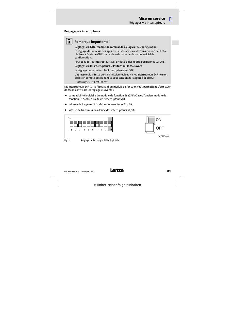 Réglages via interrupteurs, Mise en service | Lenze E82ZAFVC010 User Manual | Page 89 / 100