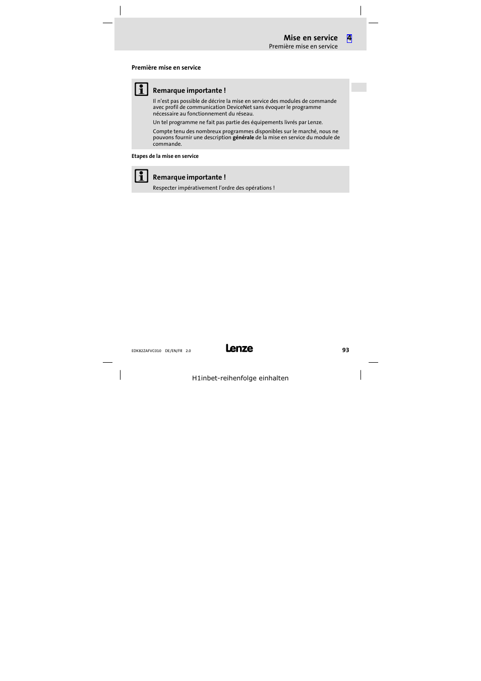 Première mise en service | Lenze E82ZAFVC010 User Manual | Page 93 / 100