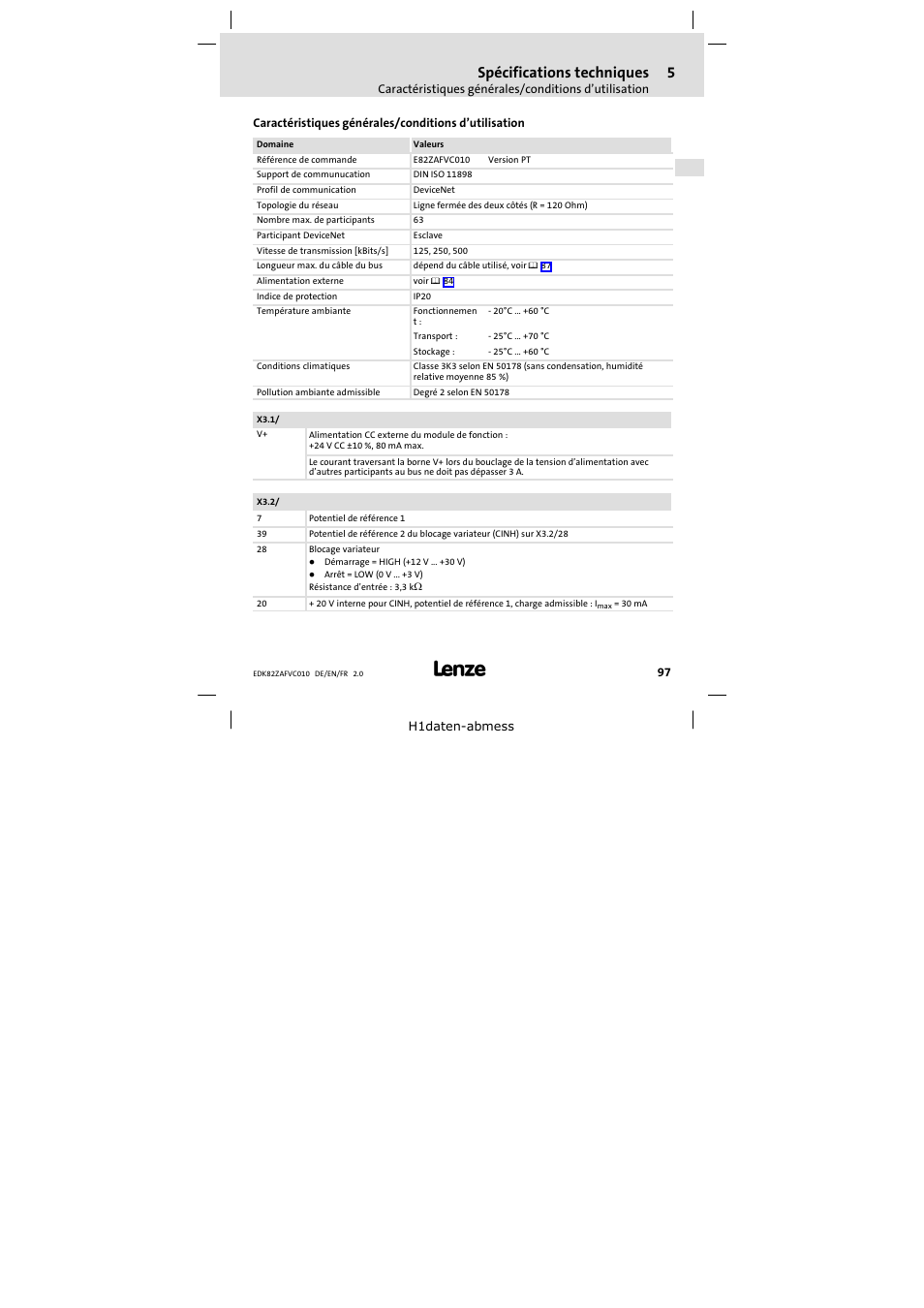5 spécifications techniques, Spécifications techniques | Lenze E82ZAFVC010 User Manual | Page 97 / 100